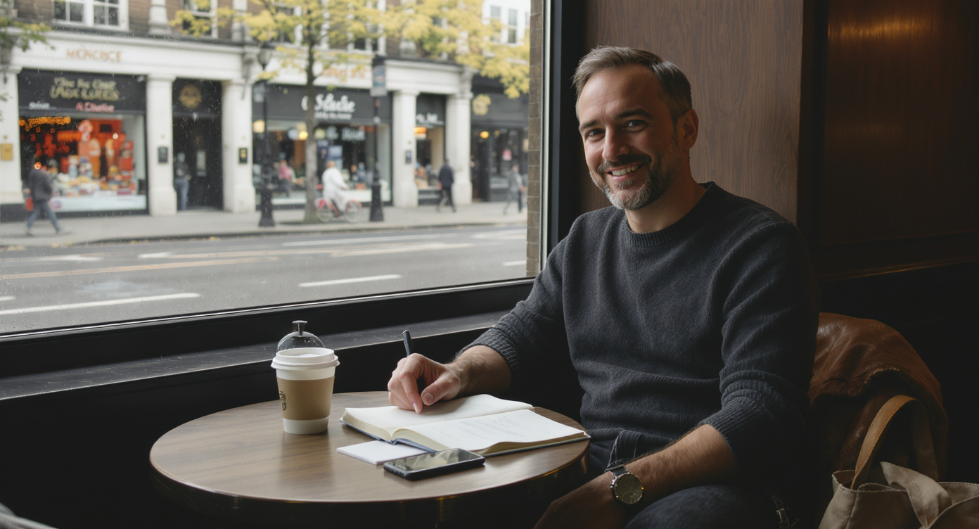 A senior practitioner in mid-conversation at a London cafe with an open notebook.